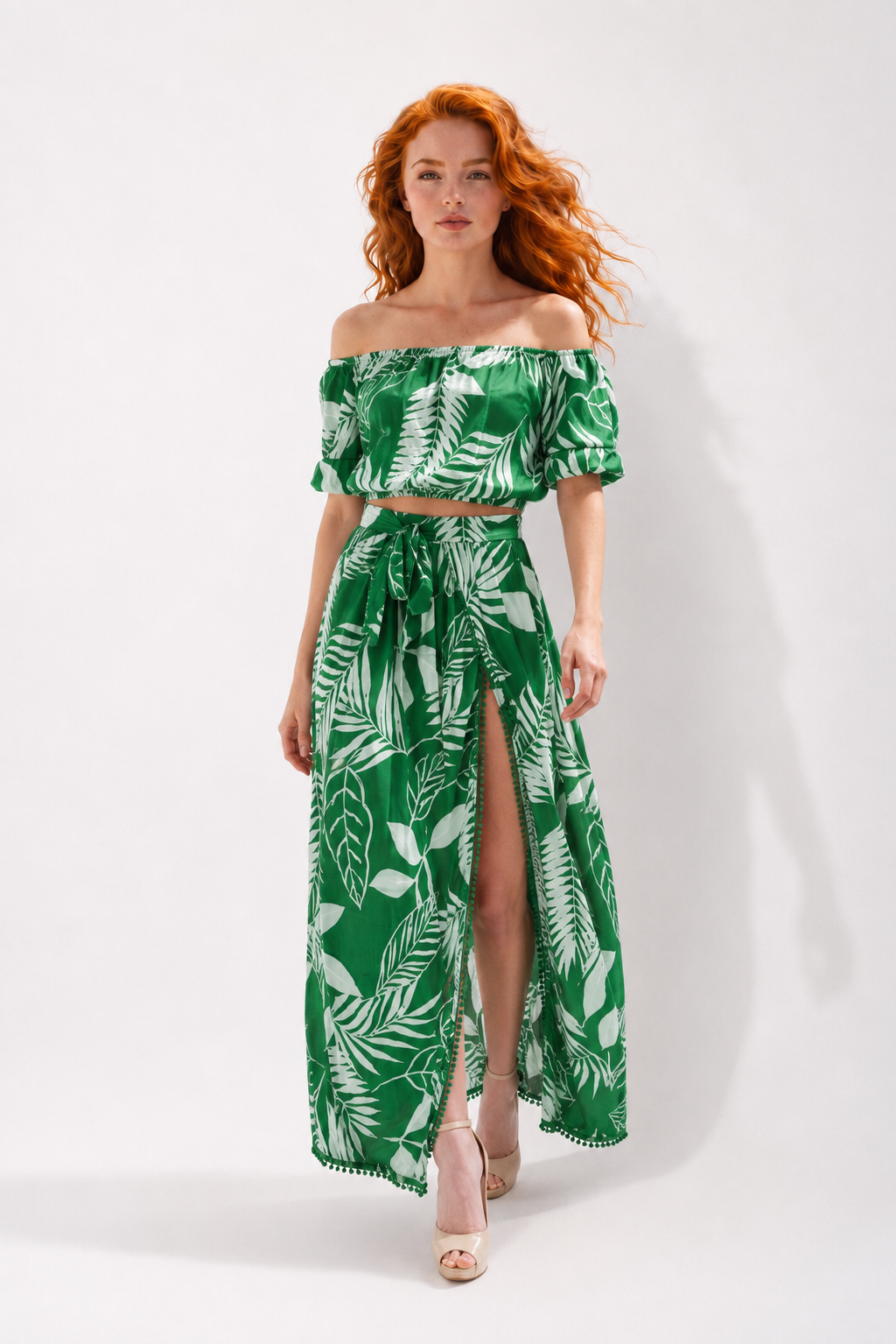 Tropical Leaf Off-Shoulder Co-ord Set