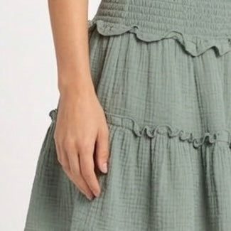 Sage Ruffle Two-Piece Set – Off-Shoulder Top & Tiered Skirt