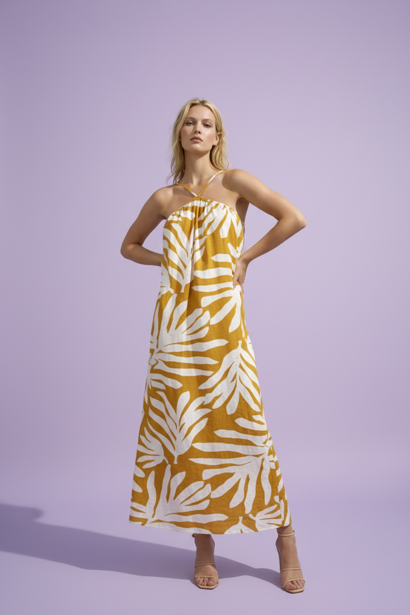 White Palm Mustard Dress Lavender