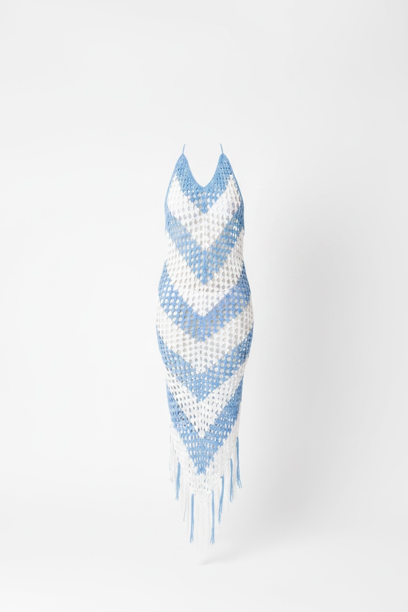 Azure Chevron Crochet Fringe Midi Dress