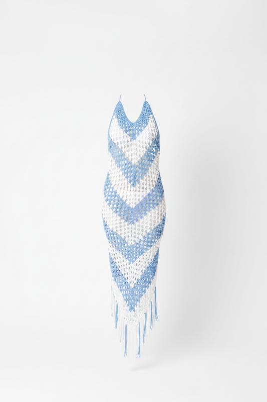 Azure Chevron Crochet Fringe Midi Dress