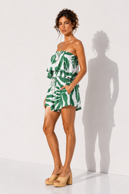 Tropical Leaf Strapless Romper