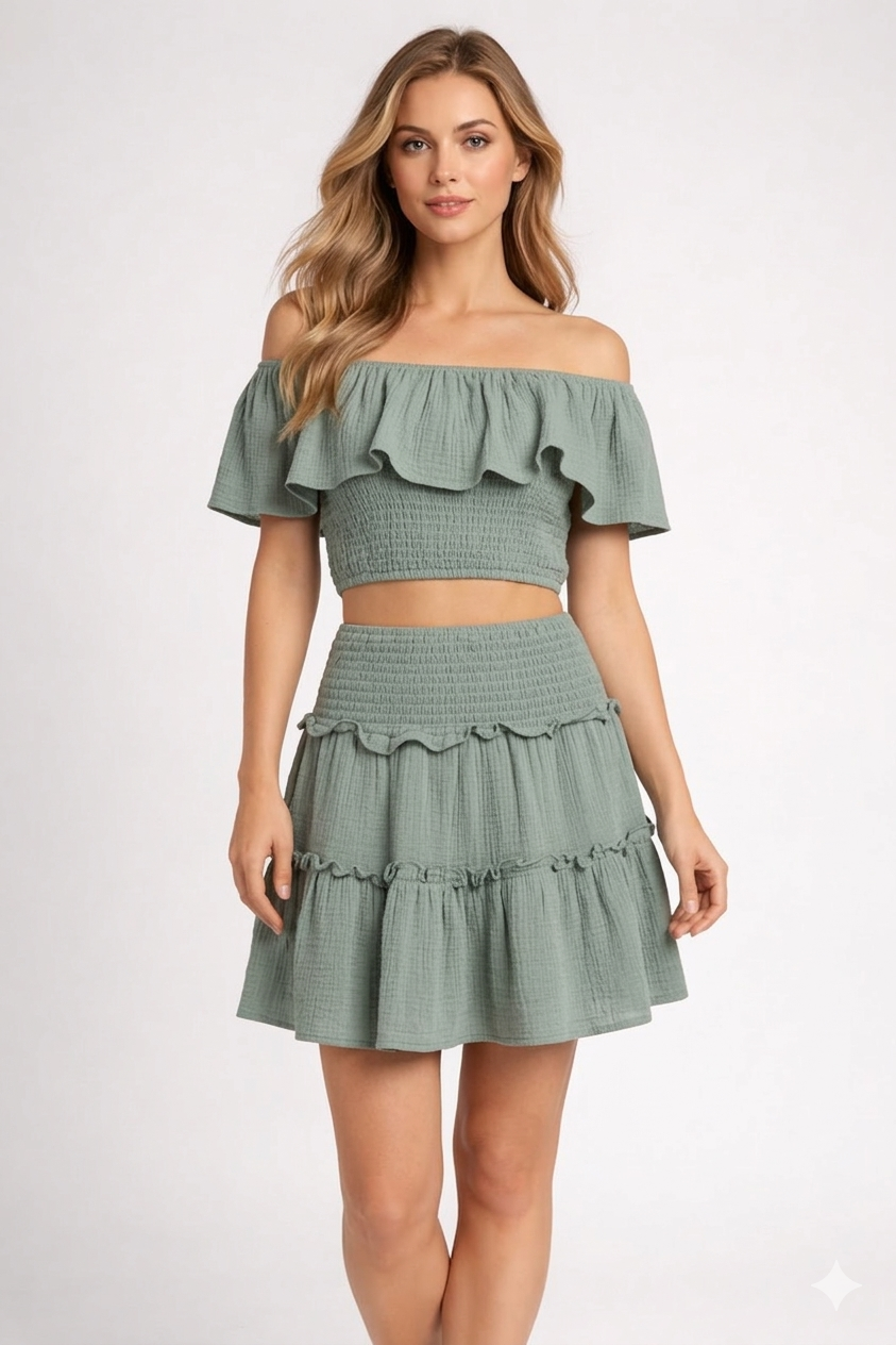 Sage Ruffle Two-Piece Set – Off-Shoulder Top & Tiered Skirt