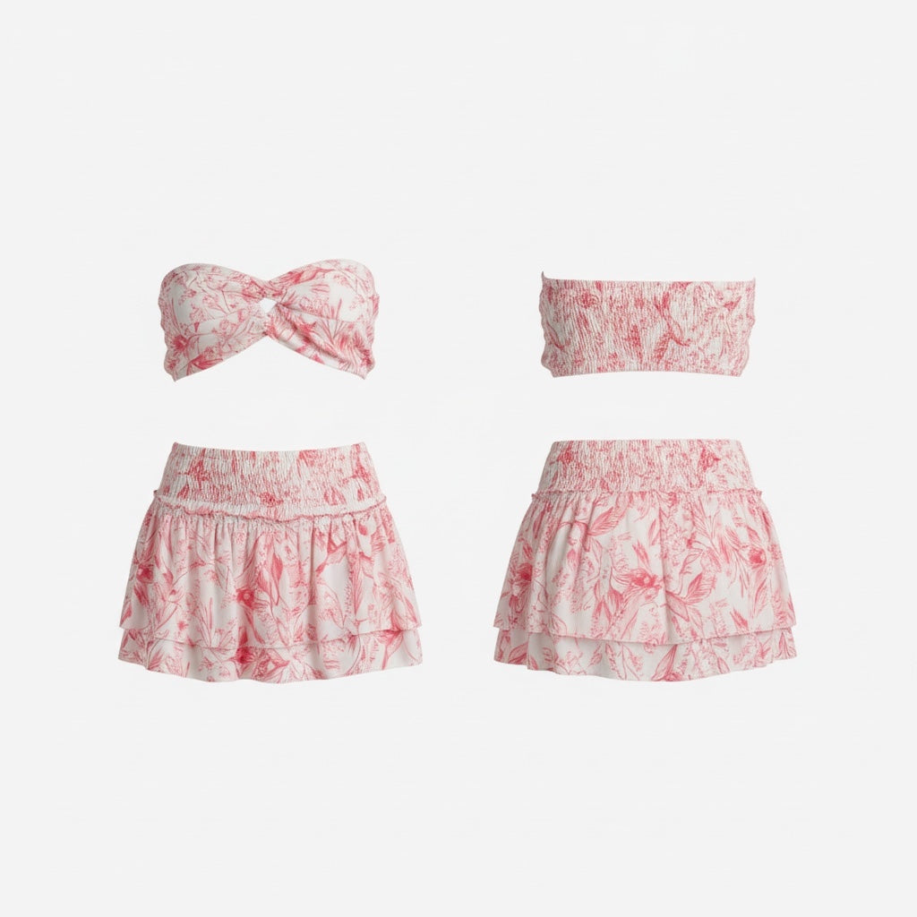 Blush Bloom Bandeau & Ruffle Skirt Set wild tropical