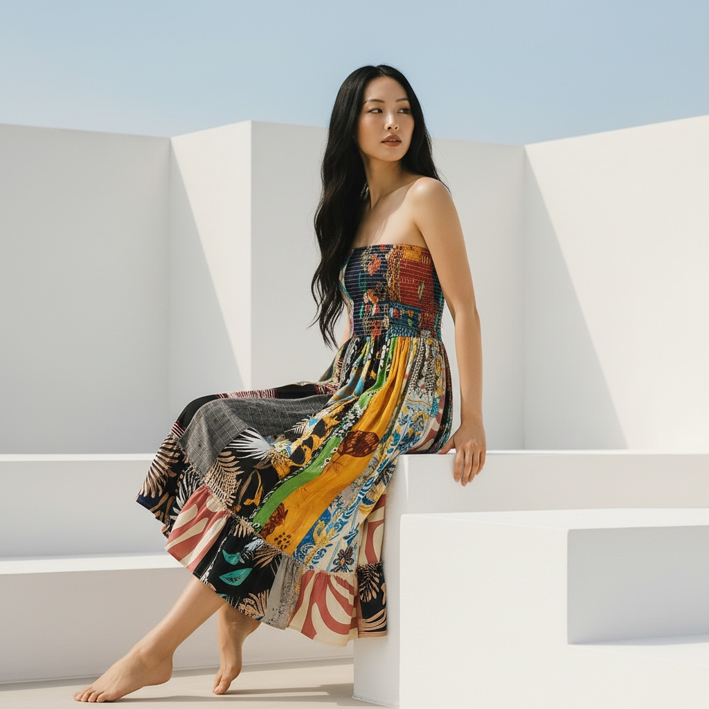 Patchwork Strapless Dress