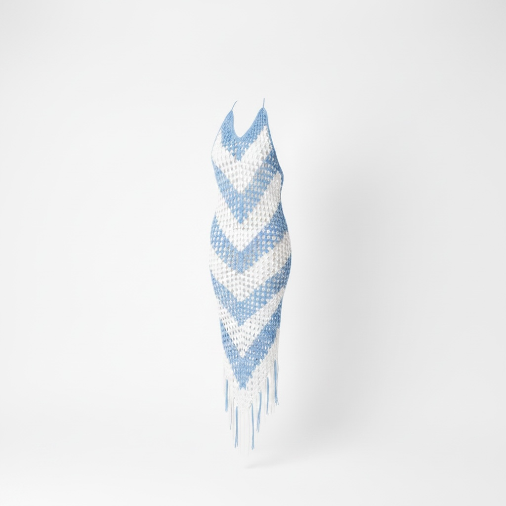 Azure Chevron Crochet Fringe Midi Dress