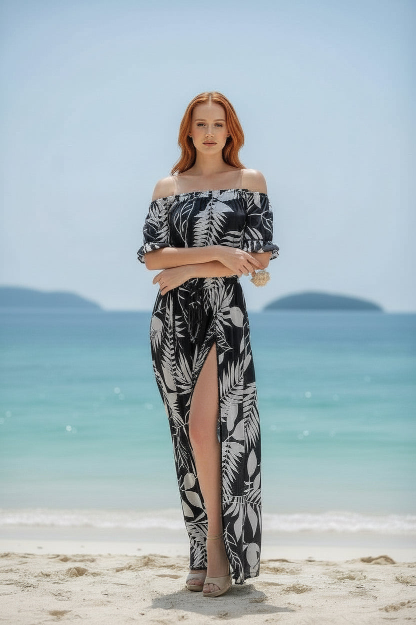 Blue Maxi Dress Wild Tropical Resort Wear | Paradise Fashion Black/White / S Blue Maxi Dress Wild Tropical Resort Wear | Paradise Fashion Black/White / S