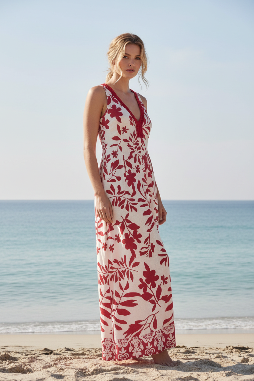 High fashion editorial with blonde model in red floral dress against calm ocean