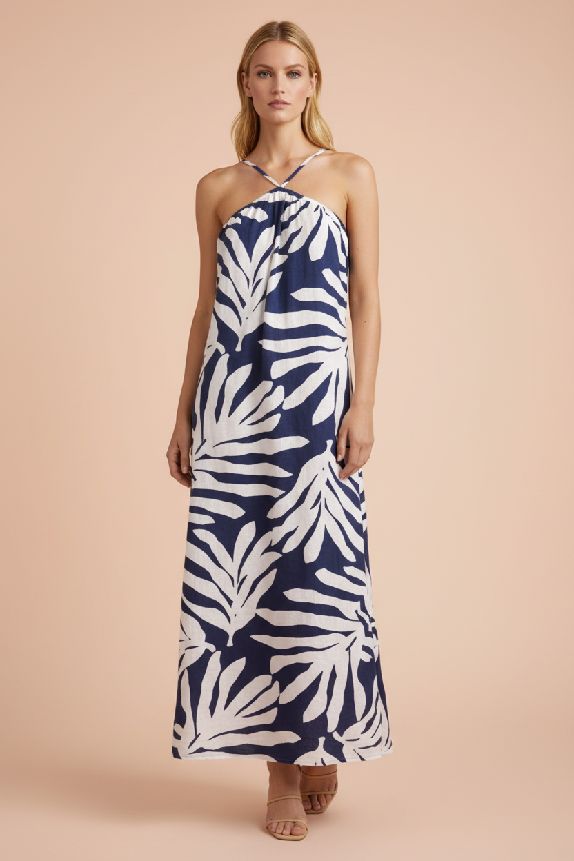White Palm Navy Halter Dress Peach